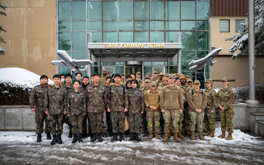 Republic of Korea Air Force airmen and U.S. Air Force Airmen assigned to the 51st Fighter Wing pose for a group photo during a Noncommissioned Officer Summit at Osan Air Base, Republic of Korea, Feb. 22, 2024. The summit played a pivotal role in strengthening the U.S. and ROK alliance by deepening mutual understanding and operational readiness among the NCO corps, solidifying the partnership as a cornerstone of regional security.