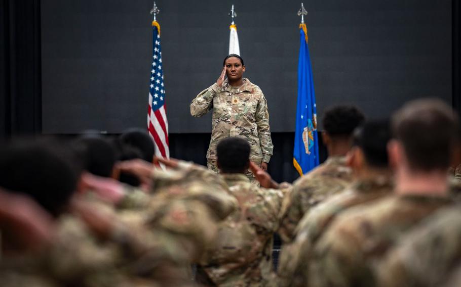U.S. Air Force Maj. Kristal Wong, incoming 51st Comptroller Squadron commander, renders her first salute.