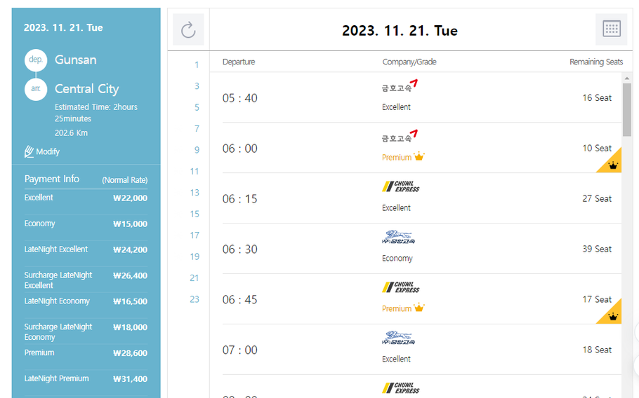 the pc screen which shows a bus schedule for Gunsan to Central City.