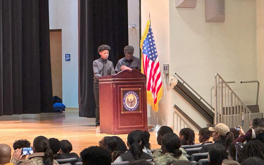 HMS students serving as master of ceremony: Tre’Shaune Johnson-Griffin and Tyson Stewart 