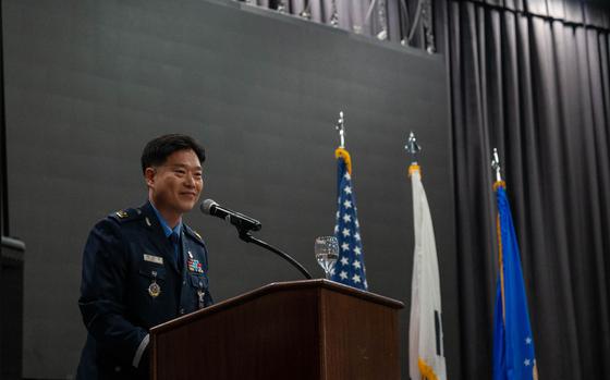 Photo Of Chief Master Sgt. of the Republic of Korea Air Force Park Seok-Hwa, speaks to attendees during the Senior Non-Commissioned Officer Induction Ceremony at Osan Air Base, Republic of Korea, Sept. 6, 2024. Seok-Hwa is the 28th ROKAF CMSAF and has served in various positions among different units including the Armed Forces Command and Signal Command, Air Defense Control Command and the 17th Fighter Squadron.