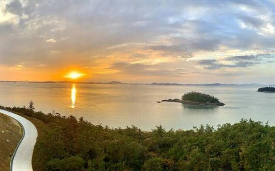 Sunset over the nearby islands.