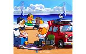 Kakao Friends Characters enjyoing on the beach.