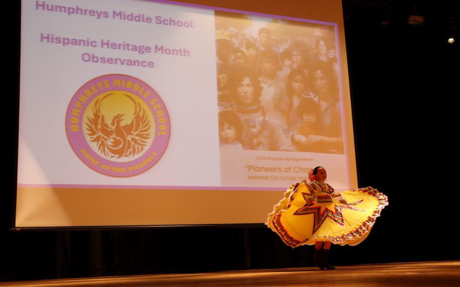 5th grader Camilia Barroso performing a traditional Mexican dance called the Ballet Folklorico.