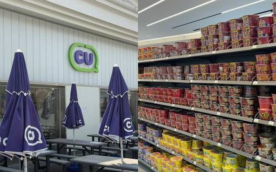 The exterior and the interior of the store. Instant noodle are displayed in the store.