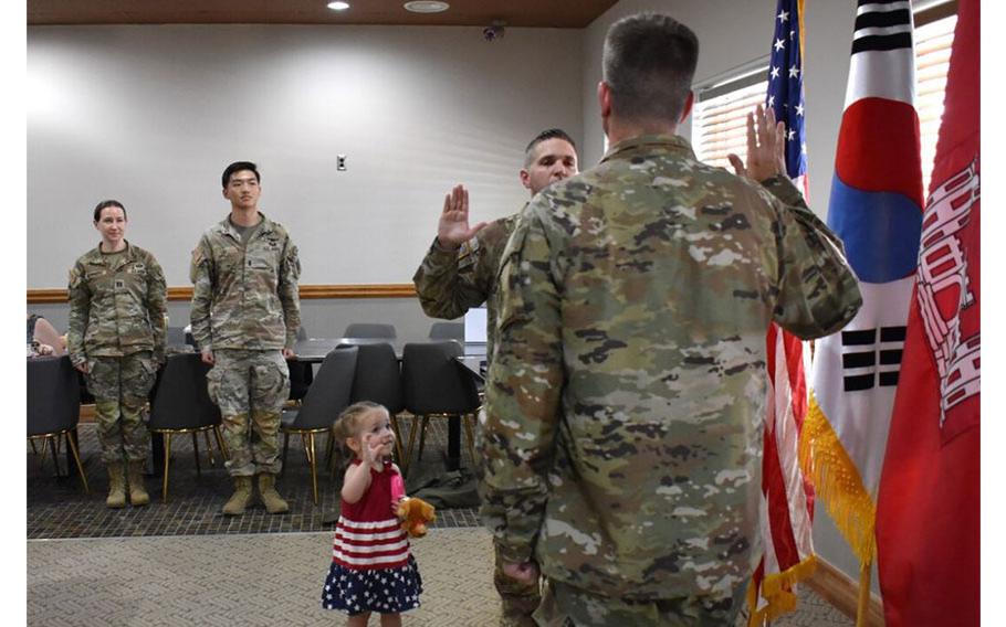 Staff Sgt. Cullen Ellis, quality assurance representative, U.S. Army Corps of Engineers – Far East District, reaffirmed his commitment to service by signing an indefinite reenlistment contract.