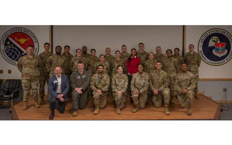 Lead, Develop, Care attendees come together for a group photo after completing the LDC workshop at Osan Air Base, Republic of Korea, Feb. 27, 2024. LDC is an Air and Space Forces Association’s Doolittle Leadership Center workshop designed to provide leaders with a practical framework for decision making. The 51st Fighter Wing is dedicated to providing resources that develop innovative leaders. 