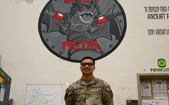 U.S. Air Force Tech. Sgt. Timothy Abian poses for a photo in the fabrication flight building at Kunsan Air Base.