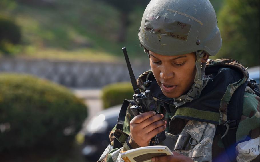 U.S. Air Force Staff Sgt. Mary Louise Van Diver, 51st Fighter Wing post attack reconnaissance team member, calls in an unexploded ordnance during Vigilant Defense 24 at Osan Air Base, Republic of Korea, Oct. 31, 2023. VD24 is a routine training event that tests the military capabilities across the peninsula, allowing combined and joint training at both the operational and tactical levels. The Airmen of the 51st FW continuously train to maintain the high level of full-spectrum readiness required to execute the mission proficiently and effectively.