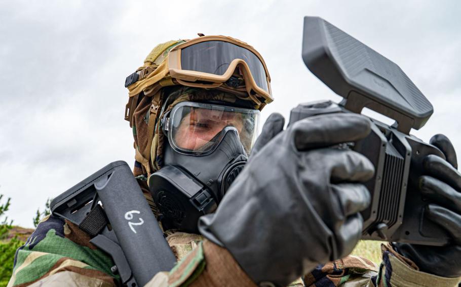 Senior Airman Alexander Moose flies a drone to provide real-time information.