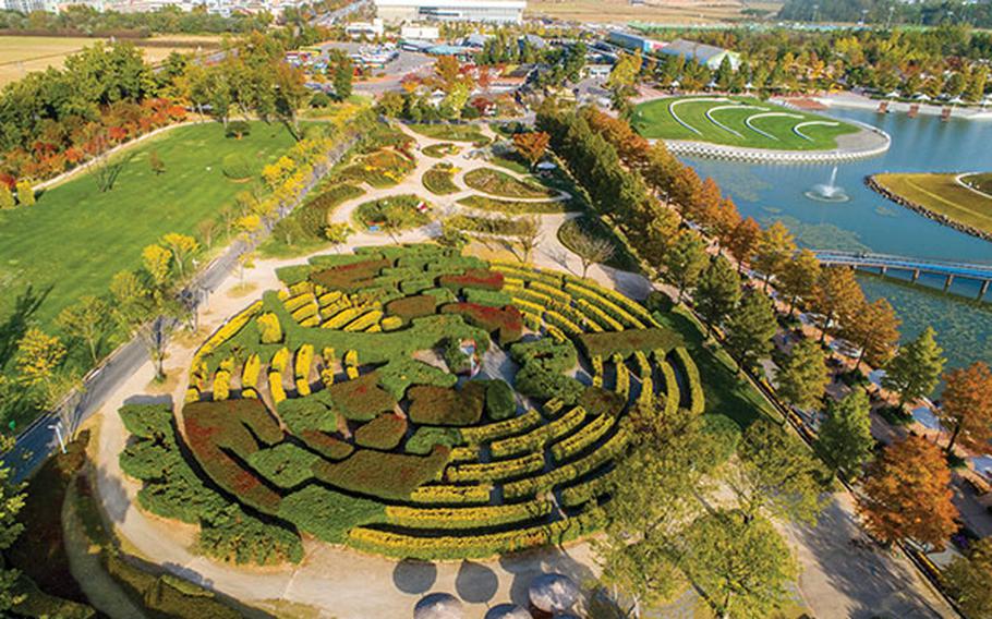 An aerial photograph of Hooded Crane Maze Garden. A pong can be seen beside the garden.