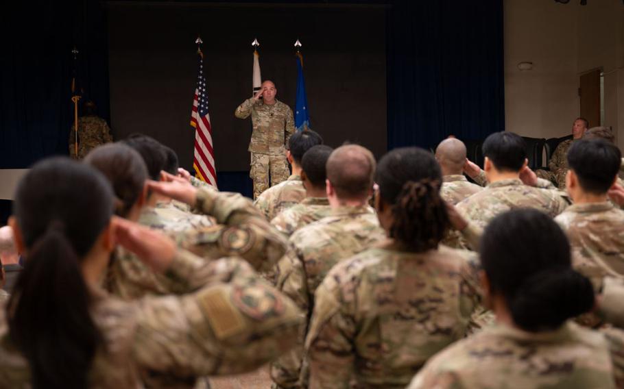 U.S. Air Force Lt. Col Darrick Duran, incoming 51st Operational Medical Readiness Squadron commander, renders his first salute during a Change of Command ceremony at Osan Air Base, Republic of Korea, June 17, 2025. 