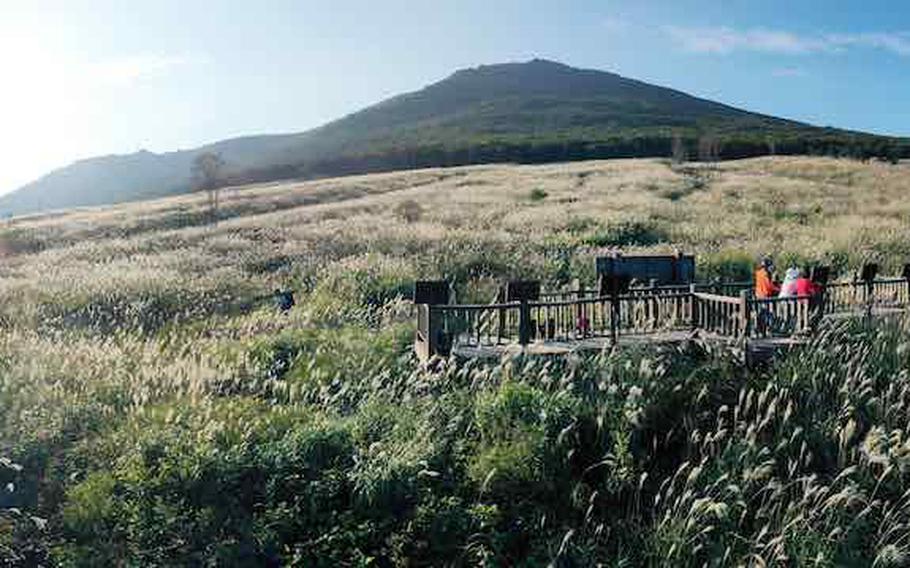 A mountain can been seen in a sunny day.