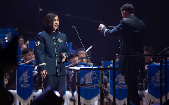 U.S. Air Force Staff Sgt. Erica Huseby sings during the annual Air Force Band Concert.