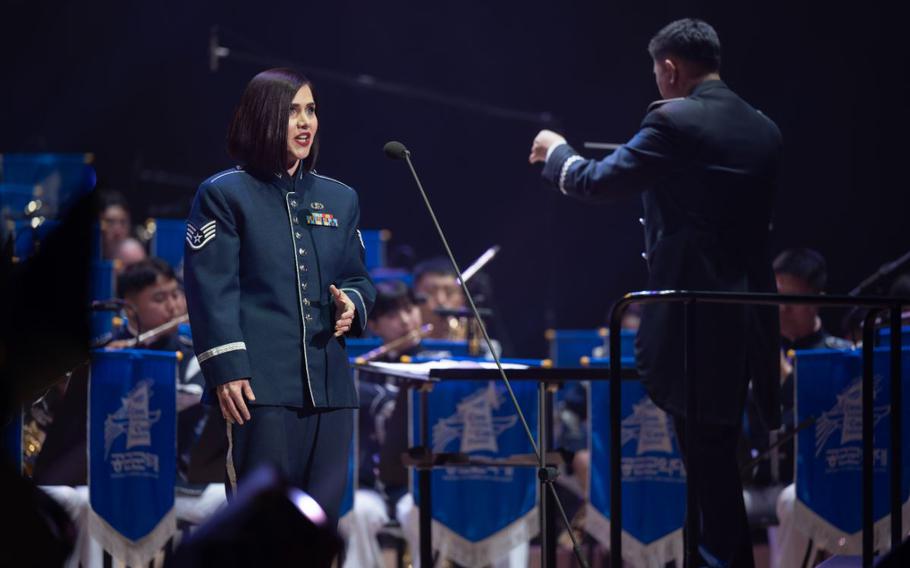 U.S. Air Force Staff Sgt. Erica Huseby sings during the annual Air Force Band Concert.
