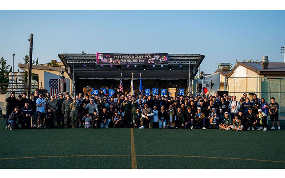 Members from the U.S. Air Force 8th Fighter Wing and Republic of Korea 38th Fighter Group gather for a group photo during the seventh annual Friendship Day at Kunsan Air Base, Republic of Korea, Oct. 27, 2023. Friendship Day allowed U.S. and R.O.K. service members to gather with mutual understanding, camaraderie and friendly competition while enjoying food and sports such as soccer, bowling and several cultural demonstrations. 