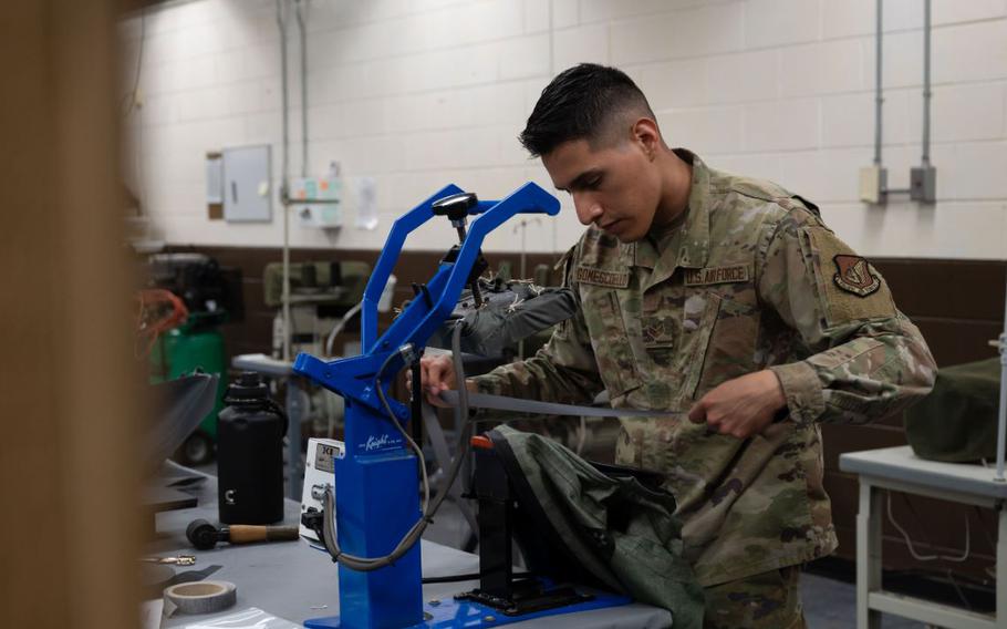 U.S. Air Force Senior Airman Keven Gomescoello, 51st Operations Support Squadron aircrew flight equipment technician, applies seam tape to an anti-exposure suit at Osan Air Base, Republic of Korea, May 22, 2025. Suit maintenance ensures pilots remain protected during over-water operations, which are common in the Indo-Pacific region. 