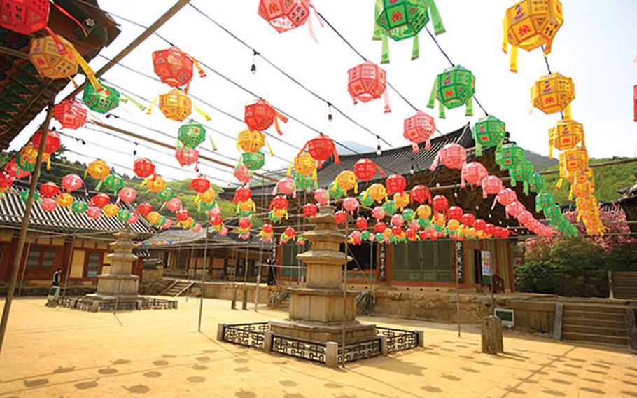 Lanterns are decorated inside the temple.