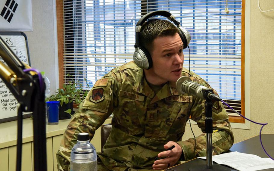 U.S. Air Force Capt. Garret Bowman, 8th Fighter Wing deputy staff judge advocate, speaks with Senior Airman Oriana Beard, American Forces Network broadcaster, at Kunsan Air Base, Republic of Korea, April 17, 2020. Bowman highlighted the importance of setting safe situations while drinking to help prevent sexual assault and the different roles the legal office personnel play in sexual assault cases. (U.S. Air Force photo by Senior Airman Jessica Blair)