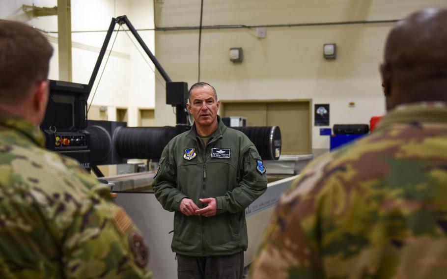 U.S. Air Force Lt. Gen. Scott L. Pleus, 7th Air Force commander, receives a brief on 8th Maintenance Group developments in fabrication at Kunsan Air Base, Republic of Korea, Jan. 26, 2023. During his visit, he and Chief Master Sgt. Alvin R. Dyer, 7th Air Force command chief, learned more about the 8th Fighter Wing’s increased capabilities and recognized Airmen for their achievements. (U.S. Air Force photo by Tech. Sgt. Timothy Dischinat)