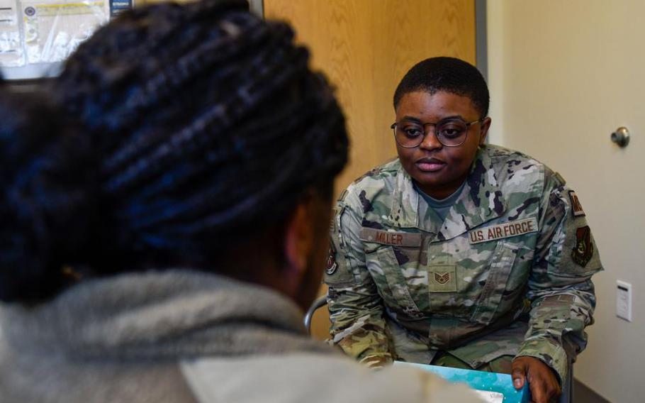 Staff Sgt. Tommia Miller, 8th Operational Medical Readiness Squadron mental health technician, trains on interpersonal conversation with a mock patient on Kunsan Air Base, Republic of Korea, Mar. 2, 2023. Mental health technicians help give Airmen the tools to battle social, financial and work-related issues, all factors that can impact an individual’s resiliency. (U.S. Air Force photo by Tech. Sgt. Timothy Dischinat).