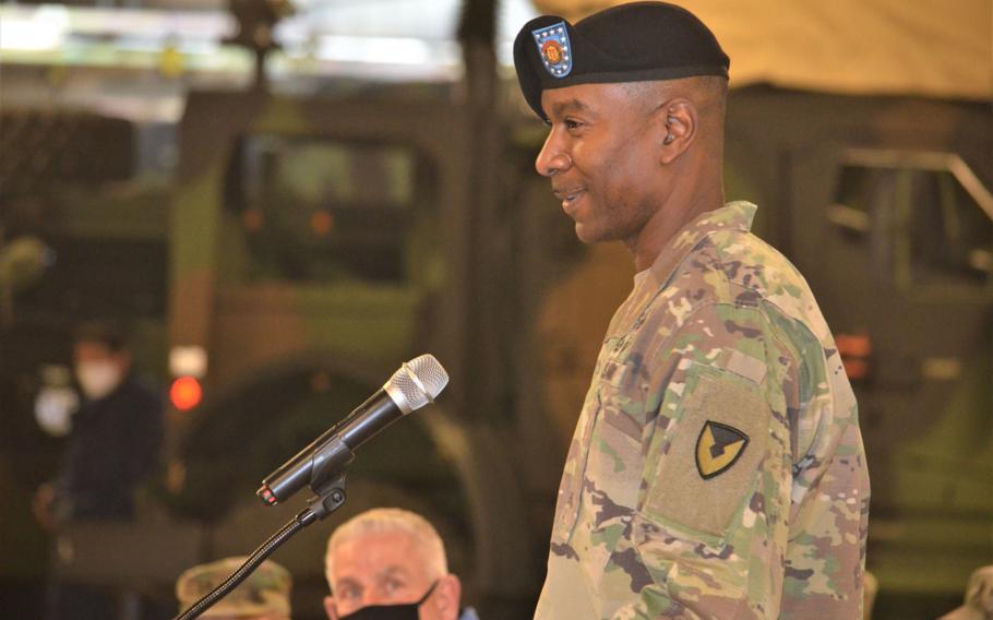 Command Sgt. Maj. Christopher J. Reaves, new command sergeant major of the 403rd AFSB, presents remarks to those in attendance and viewing remotely, during the brigade’s change of responsibility ceremony at Camp Carroll, South Korea, Feb. 10.