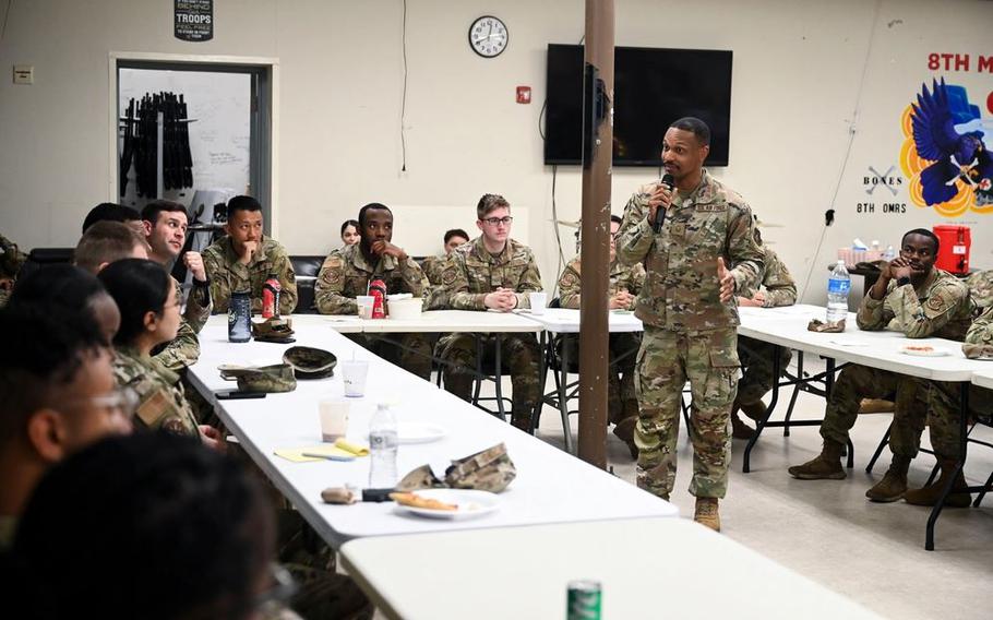 U.S. Air Force Master Sgt. Aaron Gibson, 8th Operational Support Team mental health technician, teaches a toxic leadership professional development course to 8th Medical Group Airmen at Kunsan Air Base, Republic of Korea.