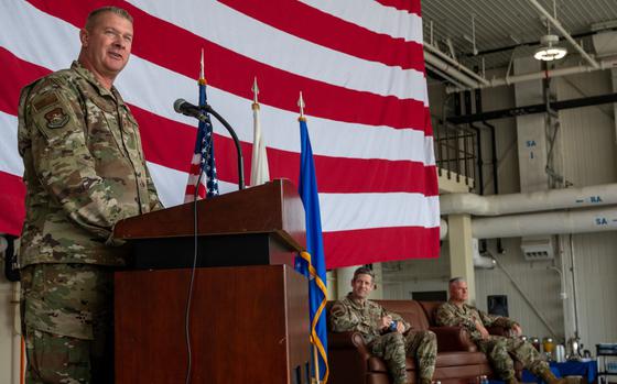 U.S. Air Force Col. Kenneth Beebe, 51st Maintenance Group commander, gives his first speech to his squadron during a change of command ceremony at Osan Air Base, Republic of Korea, June 12, 2024.