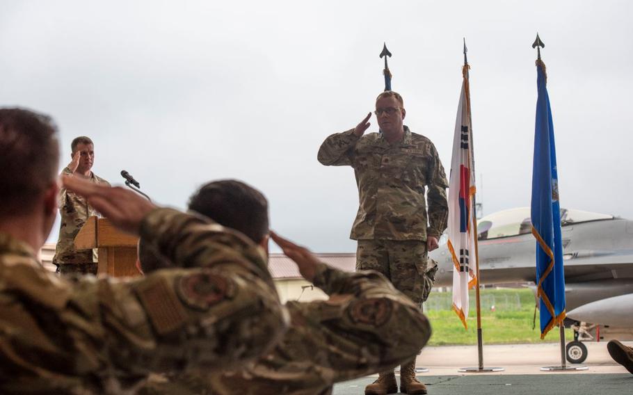 U.S. Air Force Maj. Richard Ryland, 36th Fighter Generation Squadron incoming commander, receives his first salute as commander during the 36th FGS assumption of command ceremony at Osan Air Base, Republic of Korea.