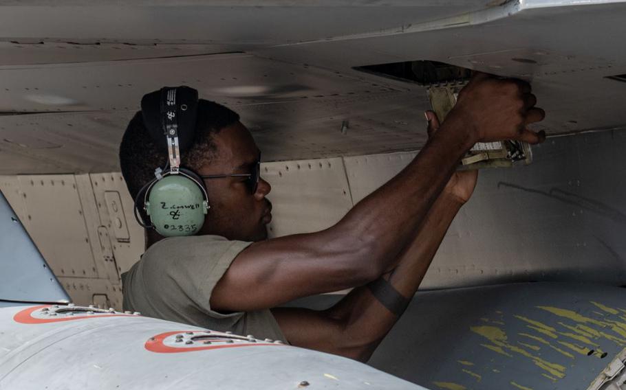 U.S. Air Force Airman 1st Class Zakkee Conwell, 80th Fighter Generation Squadron crew chief, performs post-flight checks on an F-16 Fighting Falcon aircraft at Cheongju Air Base, Republic of Korea, June 24, 2024.