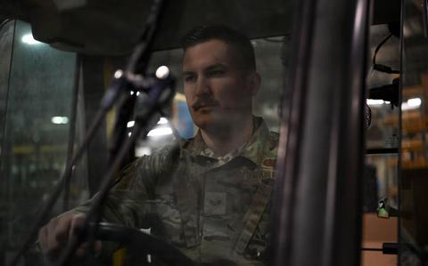 Photo Of Senior Airman Austin Stiefel, 8th Logistics Readiness Squadron individual protective equipment supervisor operates a forklift at Kunsan Air Base, Republic of Korea, Feb. 5, 2025.