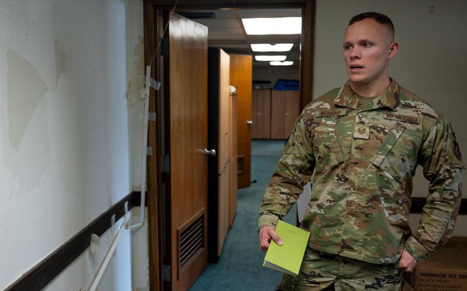 U.S. Air Force Tech. Sgt. Justin Manning, 51st Fighter Wing Safety Office noncommissioned officer in charge of occupational safety, inspects paint damages during an inspection of the U.S. Air Force Audit Agency at Osan Air Base, Republic of Korea, April 9, 2024.