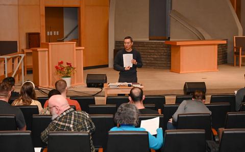 Photo Of U.S. Air Force Capt. Bermsoo Kim, 51st Fighter Wing chaplain, speaks at a marriage study at Osan Air Base, Republic of Korea.