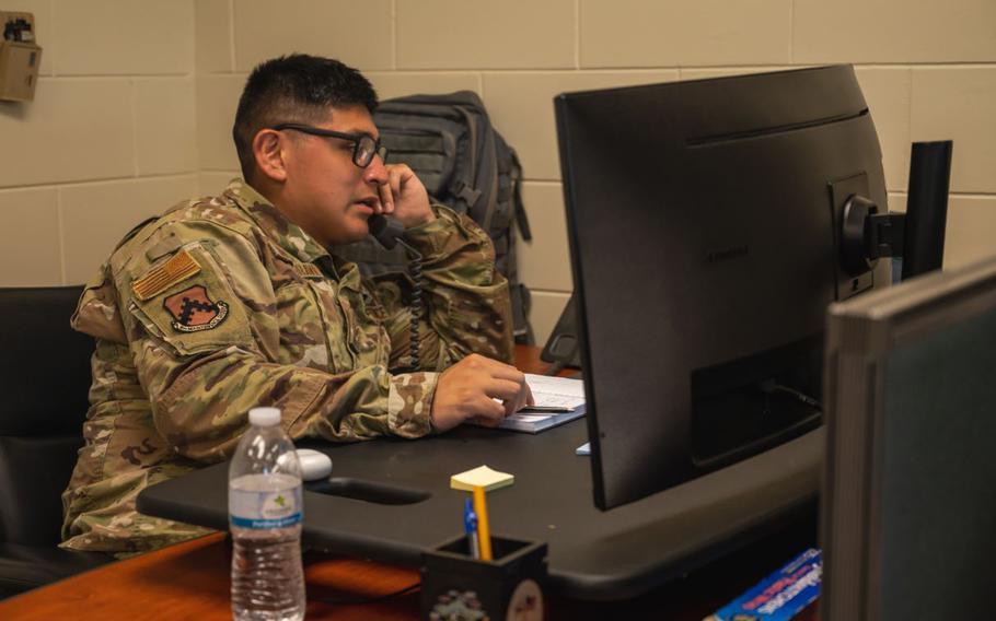 Senior Airman Gino Tapia Maravi, 8th Maintenance Group time compliance technical order monitor, confirms scheduling information at Kunsan Air Base, Republic of Korea, July 30, 2024.