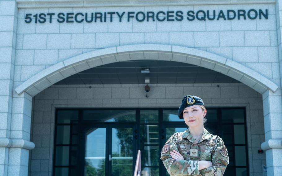 U.S. Air Force Senior Airman Hunter Sanchez, 51st Security Forces Squadron commander’s support staff supervisor, poses for a portrait at Osan Air Base, Republic of Korea, June 13, 2024. 