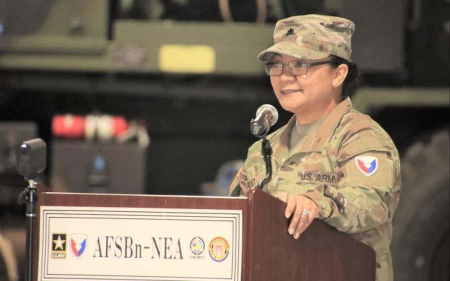 Lt. Col. Marissa Reed, outgoing commander, Army Field Support Battalion – Northeast Asia, addresses guests during the AFSBn-NEA change of command ceremony at Camp Carroll, South Korea, June 25.