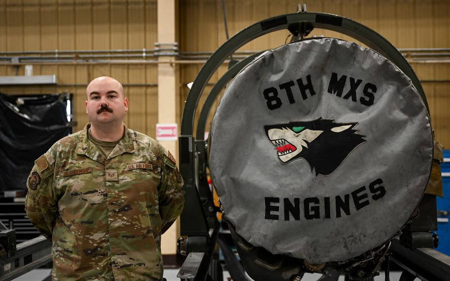 U.S. Air Force Staff Sgt. Ryan Blankenship, 8th Maintenance Squadron aerospace propulsion craftsman, poses for a photo at Kunsan Air Base, Republic of Korea, Sept. 25, 2024.