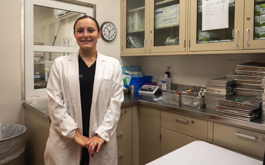 U.S. Air Force Staff Sgt. Kaycie Davis, 8th Operational Medical Readiness Squadron dental assistant, stands in a sanitation room at Kunsan Air Base, Republic of Korea, July 29, 2024.