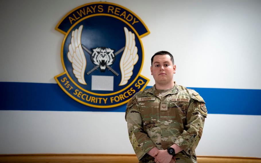U.S. Air Force Senior Airman Michael O’Hagan, 51st Security Forces Squadron facility manager, poses for a photo at Osan Air Base, Republic of Korea.