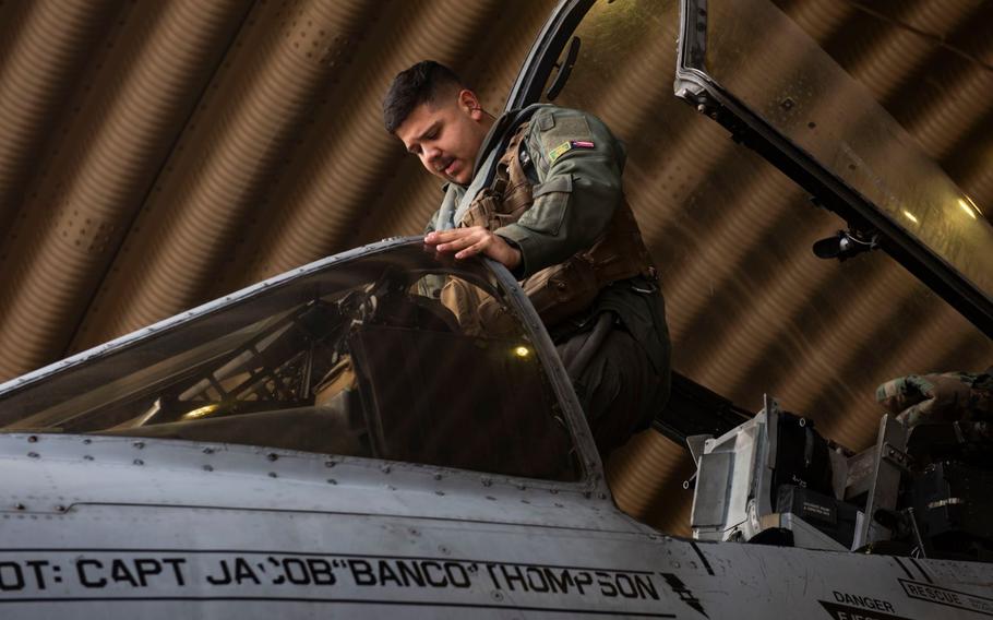 U.S. Air Force Capt. Christian Alvarado, 25th Fighter Squadron A-10 Thunderbolt II pilot, enters the aircraft, at Osan Air Base, Republic of Korea.