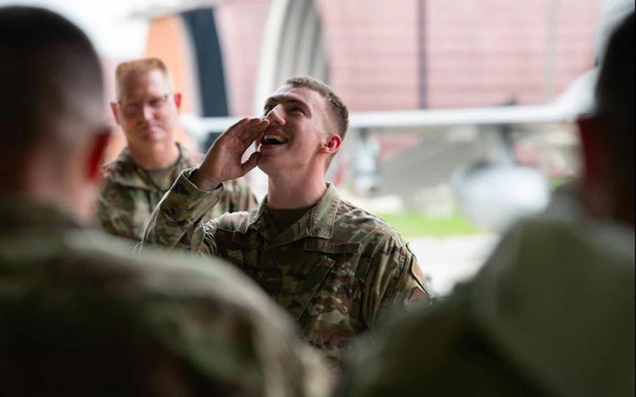 Airman First Class Michael Daniels, 51st Aircraft Maintenance Squadron, celebrates his team’s win at the 51st Maintenance Group Weapons load crew of the 2nd quarter competition at Osan Air Base, Republic of Korea, August 10, 2021. The A-10 load team was the overall winning team at this quarters competition. (U.S. Air Force photo by Senior Airman Kevyn Allen)