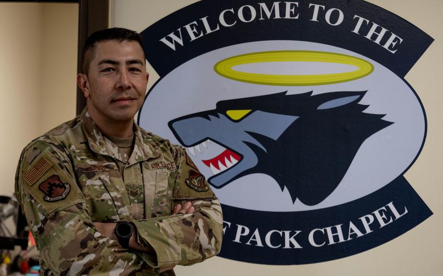 Staff Sgt. Javad Javid, 8th Fighter Wing chapel, NCO in charge of chapel readiness, poses for a photo at Kunsan Air Base, Republic of Korea, May 4, 2023. Javid was recently recognized as Pride of the Pack for the week of May 1-5. POTP recognizes outstanding performers for their recent contributions to the Wolf Pack mission. (U.S. Air Force photo by Senior Airman Shannon Braaten)