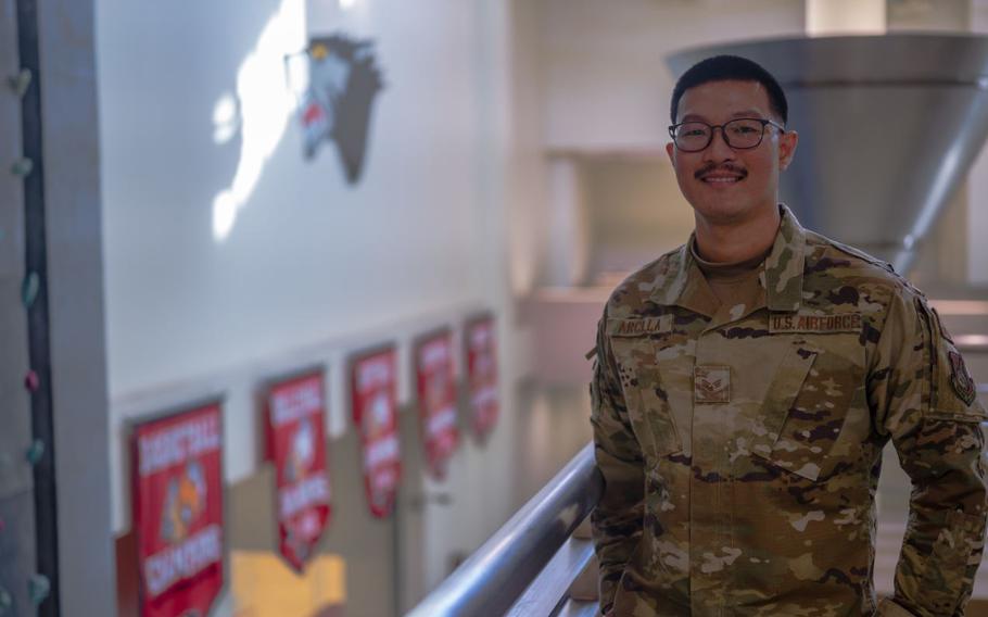 Senior Airman Jose Arcilla, 8th Force Support Squadron fitness specialist, stands for a photo in the fitness center at Kunsan Air Base, Republic of Korea, Nov. 30, 2023. Arcilla was awarded Pride of the Pack for his contribution to the seventh annual ROK-U.S. Friendship Day. He coordinated with multiple wing agencies and 70 volunteers to support 13 sporting events involving 92 teams. (U.S. Air Force photo by Senior Airman Karla Parra)