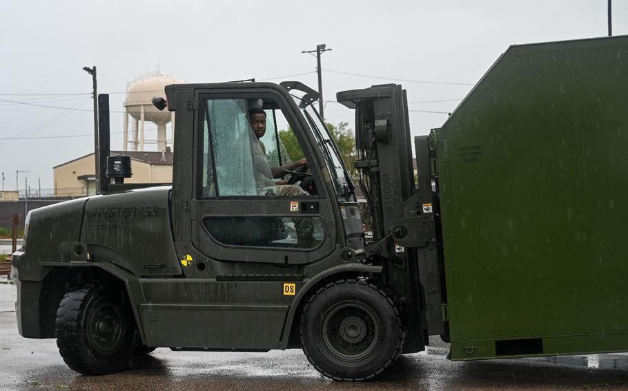 Senior Airman Caleb Sharper, 8th Logistics Readiness inbound cargo technician, drives a forklift during a cargo deployment function at Kunsan Air Base, Republic of Korea, July 8, 2024.