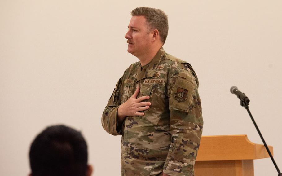 Chief Master Sgt. Jeremiah Ross, command chief of 7th Air Force, shares with audience members his experience struggling with mental health as a senior leader for MINDFUL MADNESS.