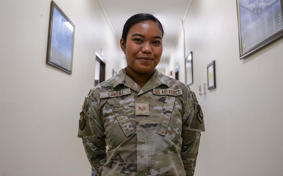 U.S. Air Force Staff Sgt. Reika Samuel, 51st Maintenance Group maintenance training scheduler, poses for a photo.