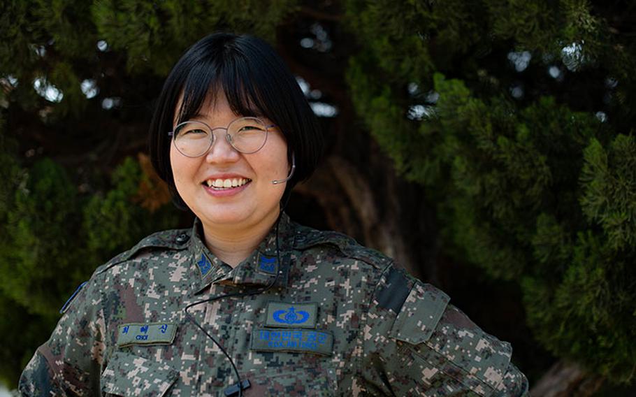 Republic of Korea Air Force Senior Master Sgt. select Choi Hae-Shin, 38th Fighter Group terminal controller, stands outside at Kunsan Air Base, Republic of Korea, June 3, 2022. As an air traffic controller, Choi is currently enrolled in a radar approach control course at the 8th Fighter Wing, which facilitates joint integration. (U.S. Air Force photo by Senior Airman Shannon Braaten)