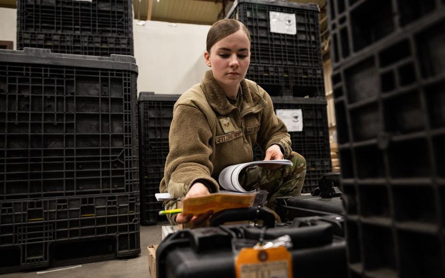 Senior Airman Laura Fitzpatrick, 8th Healthcare Operations Squadron medical material technician, checks equipment inventory at Kunsan Air Base, Republic of Korea, June 12, 2024.