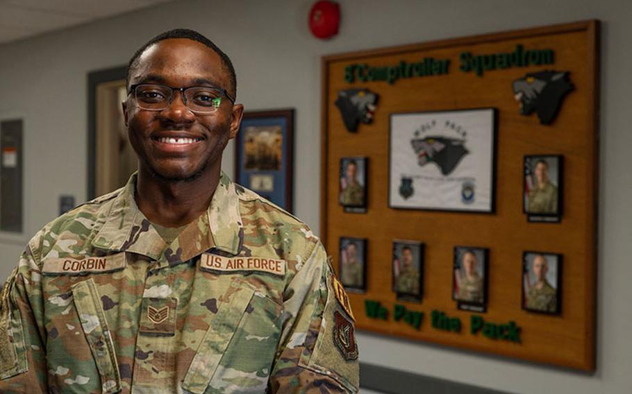 Staff Sgt. Arderia Corbin, 8th Comptroller Squadron financial management flight non-commissioned officer in charge, pauses for a photo after being selected for the Pride of the Pack award at Kunsan Air Base, Republic of Korea, Oct. 17, 2023. Pride of the Pack is a base initiative that recognizes outstanding performers for their contributions to the Wolf Pack’s mission. (U.S. Air Force photo by Senior Airman Karla Parra)