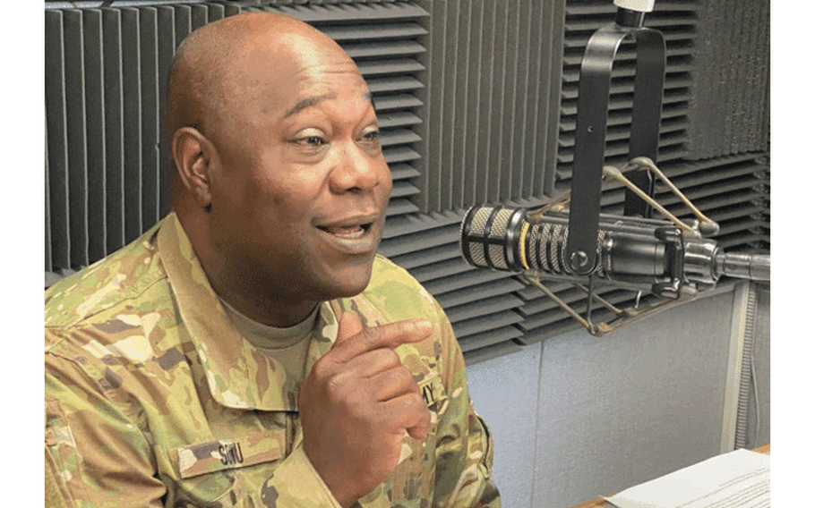 Sgt. 1st Class Paul Sowu, Supply & Services non-commissioned officer in charge, Support Operations, 403rd Army Field Support Brigade, chats with DJ Sweet Tea (Sgt. Teanna Santana), host of the Morning Honey radio show on American Forces Network – Daegu, May 20. Sowu was on hand to discuss his unique background, the 403rd AFSB’s many diverse missions, and the upcoming blood drive being organized by Sowu the 403rd AFSB Support Operations Team. (Galen Putnam, 403rd AFSB Public Affairs)